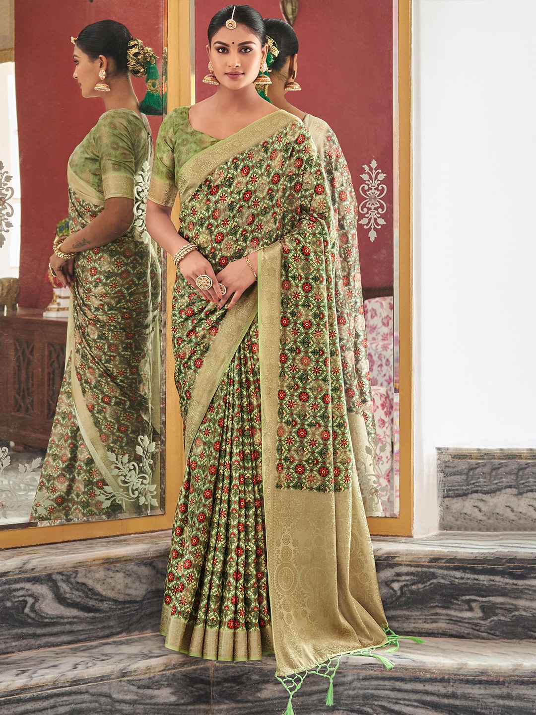 

SHANGRILA Ethnic Motifs Printed Silk Cotton Bagru Saree, Green