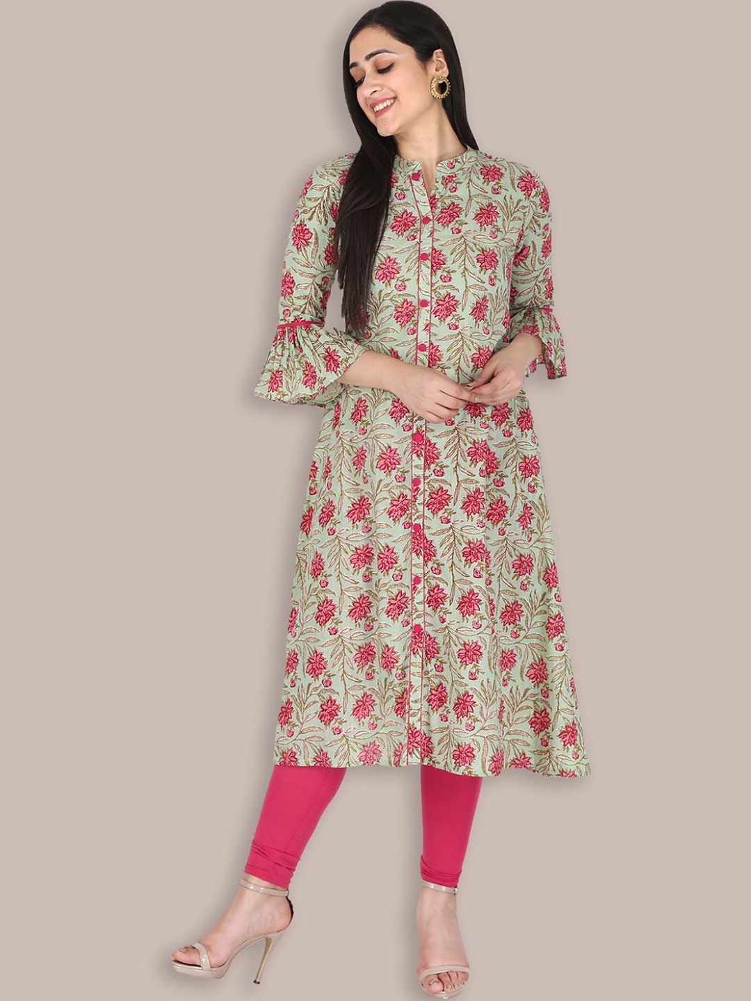 

KANNAHI Women Floral Printed Band Collar Neck Bell Sleeves Cotton A-Line Kurta, Lime green