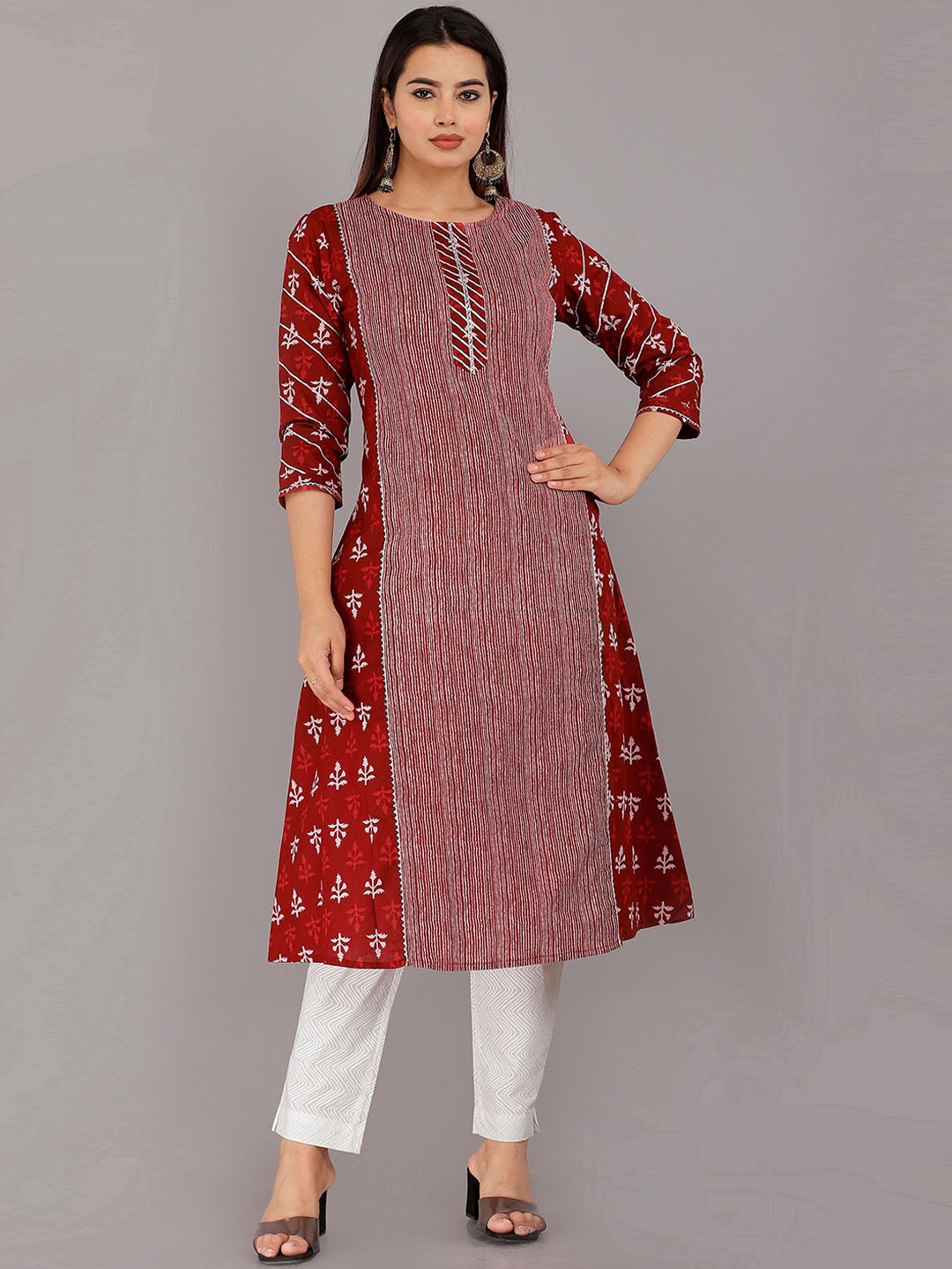 

KANNAHI Ethnic Motifs Printed Round Neck Pure Cotton A-Line Kurta, Rust