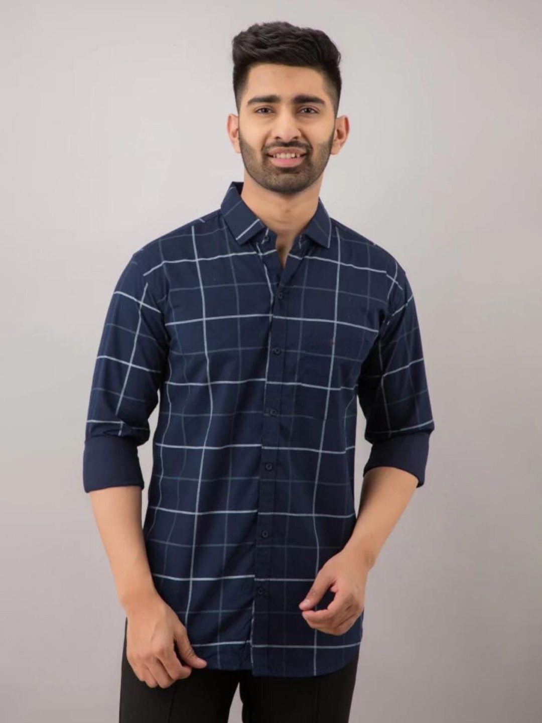 

Tap in Standard Slim Fit Windowpane Checked Cotton Casual Shirt, Navy blue