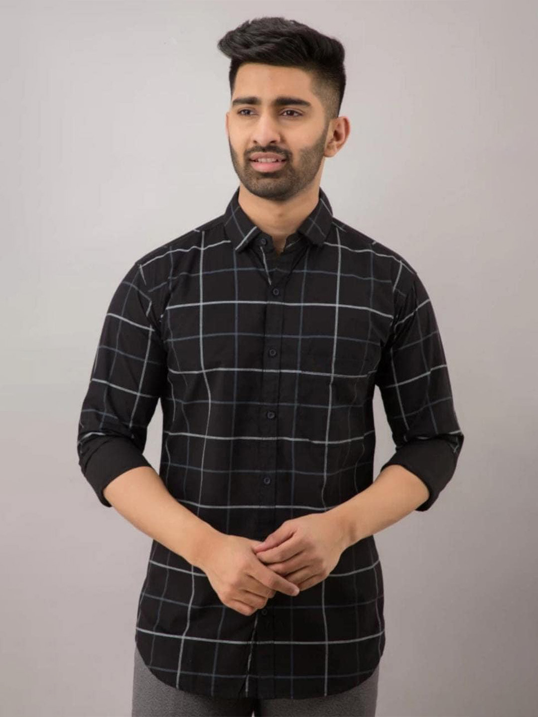 

Tap in Standard Slim Fit Windowpane Checked Cotton Casual Shirt, Black