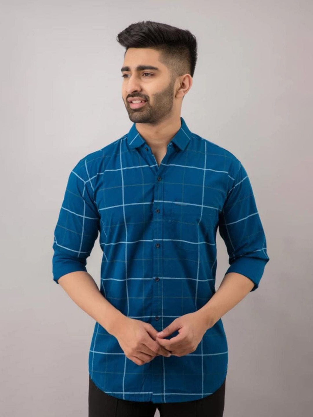 

Tap in Standard Slim Fit Windowpane Checked Cotton Casual Shirt, Blue