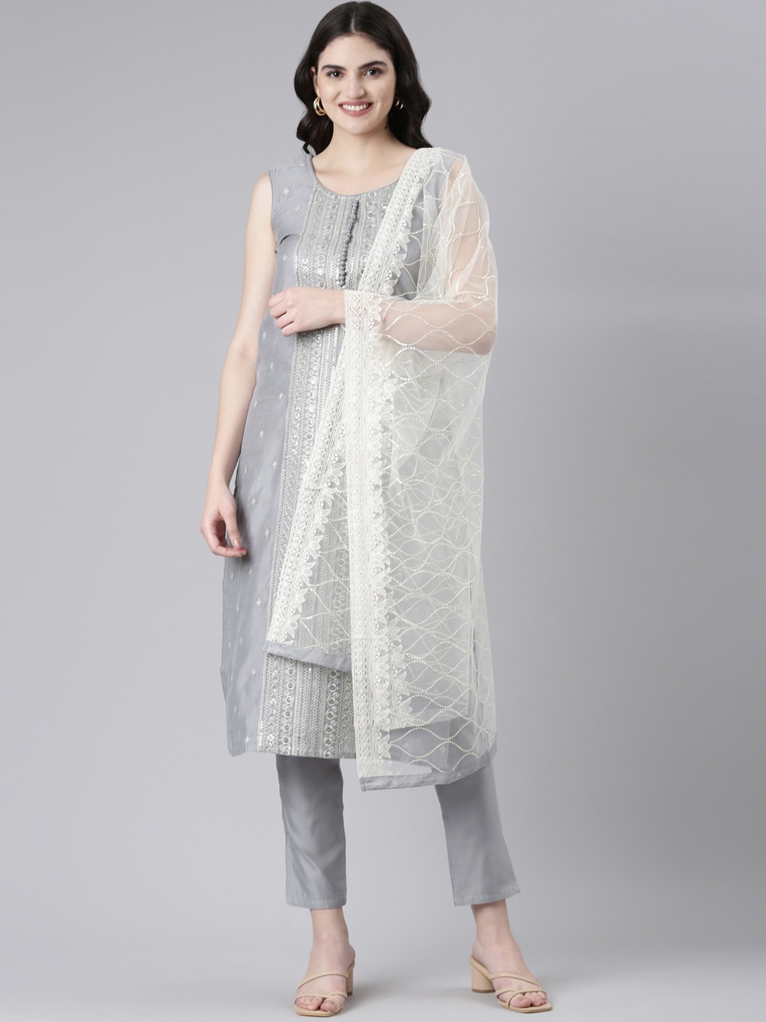 

GOLDSTROMS Women Chanderi Silk Kurta With Trousers & Dupatta, Grey