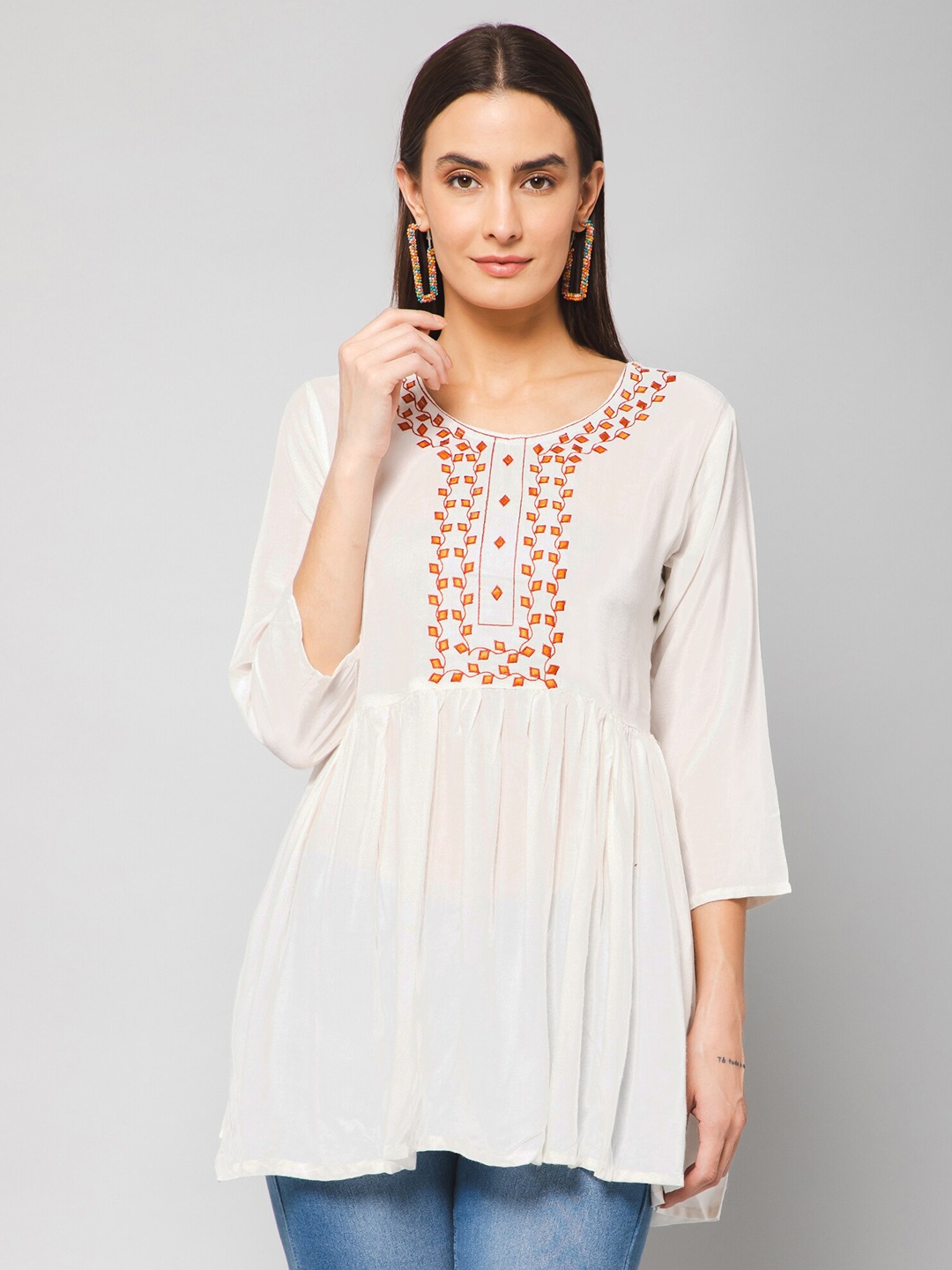 

Winza Designer Geometric Embroidered Top, Cream