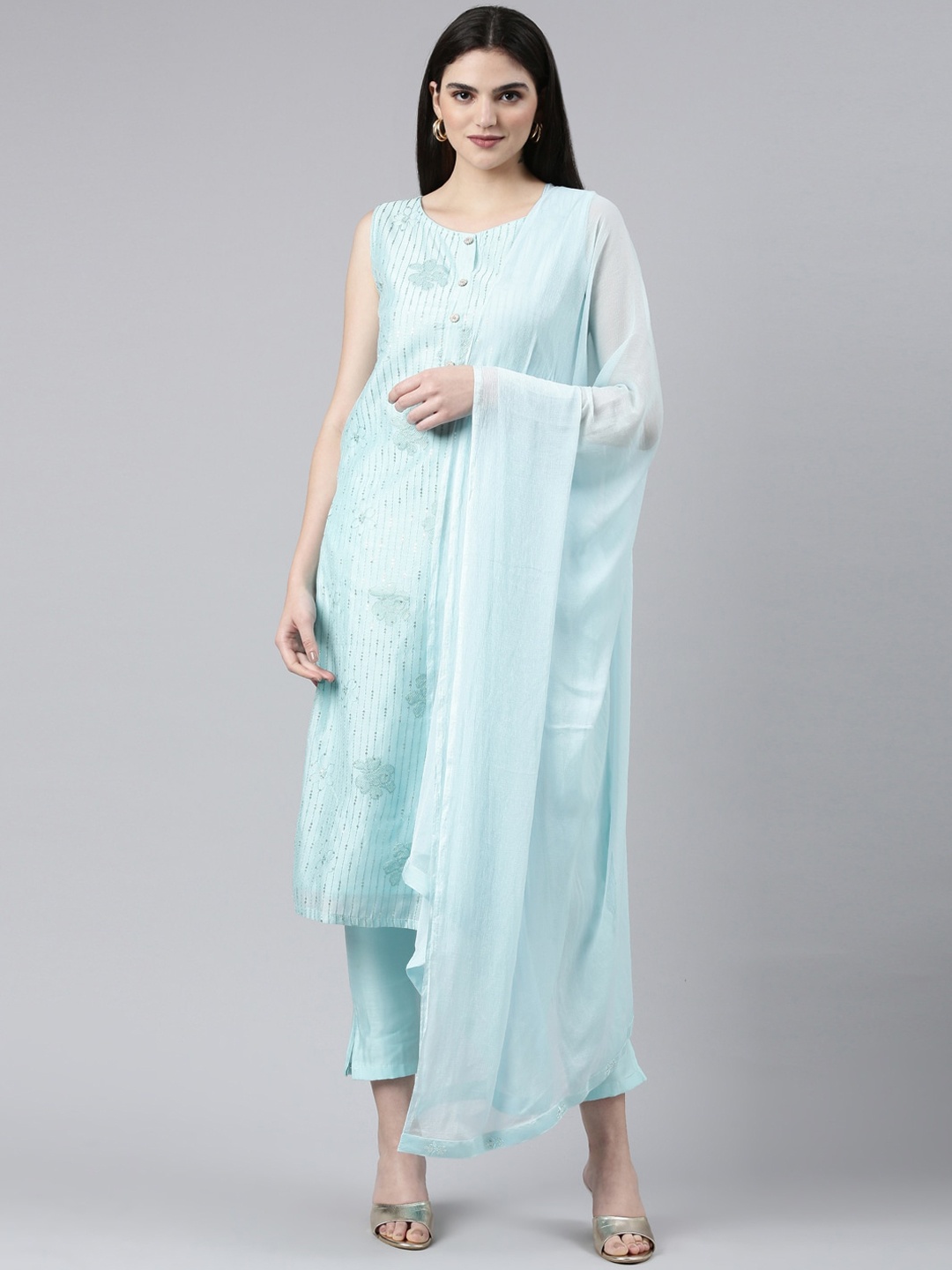 

GOLDSTROMS Women Floral Embroidered Sequinned Chanderi Silk Kurta With Trousers & Dupatta, Blue