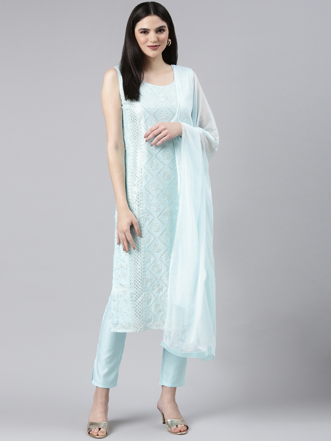 

GOLDSTROMS Ethnic Motifs Embroidered Chanderi Silk Kurta & Trousers With Dupatta, Blue