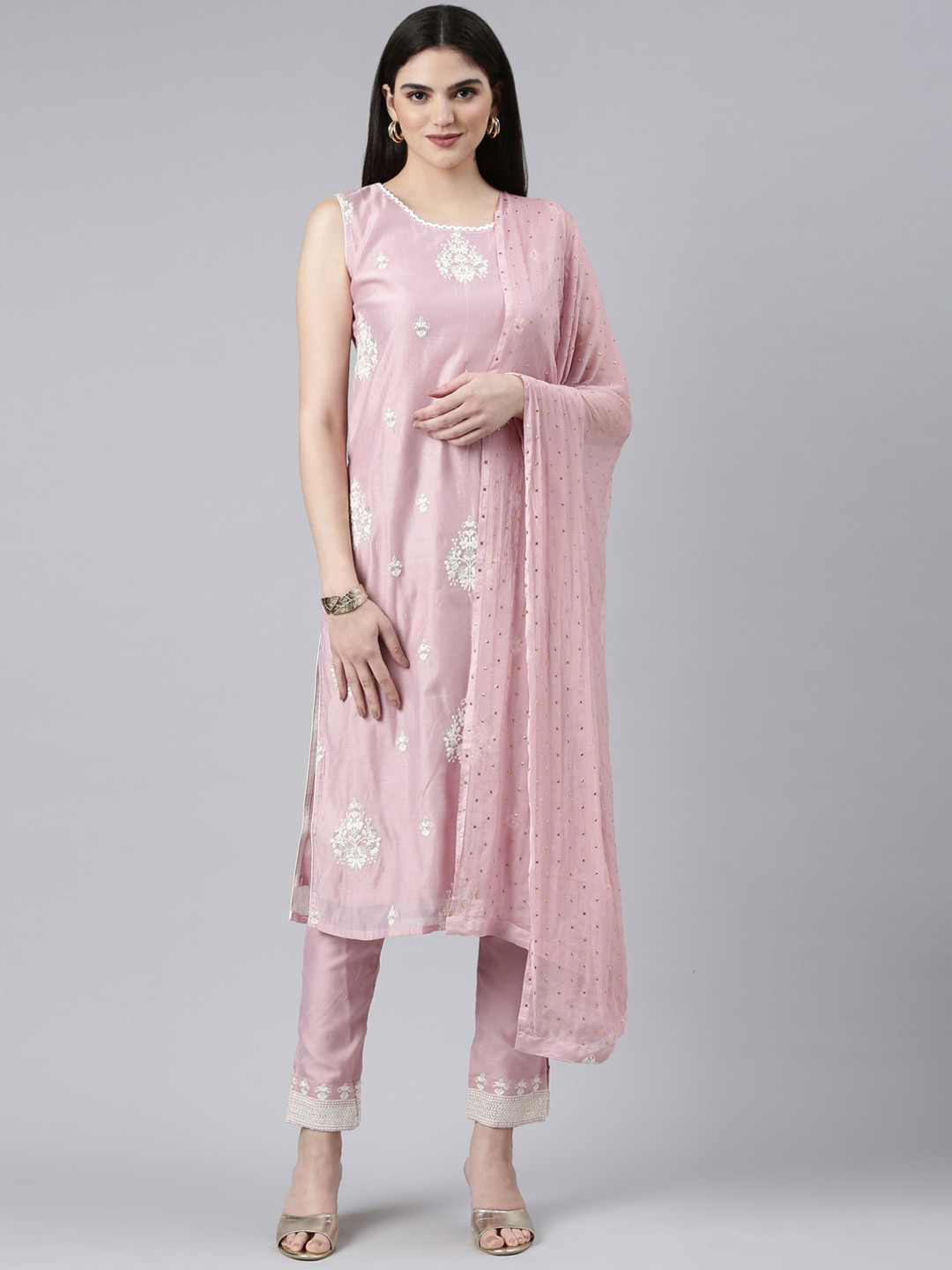 

GOLDSTROMS Ethnic Motifs Embroidered Chanderi Silk Kurta with Trousers & Dupatta, Pink