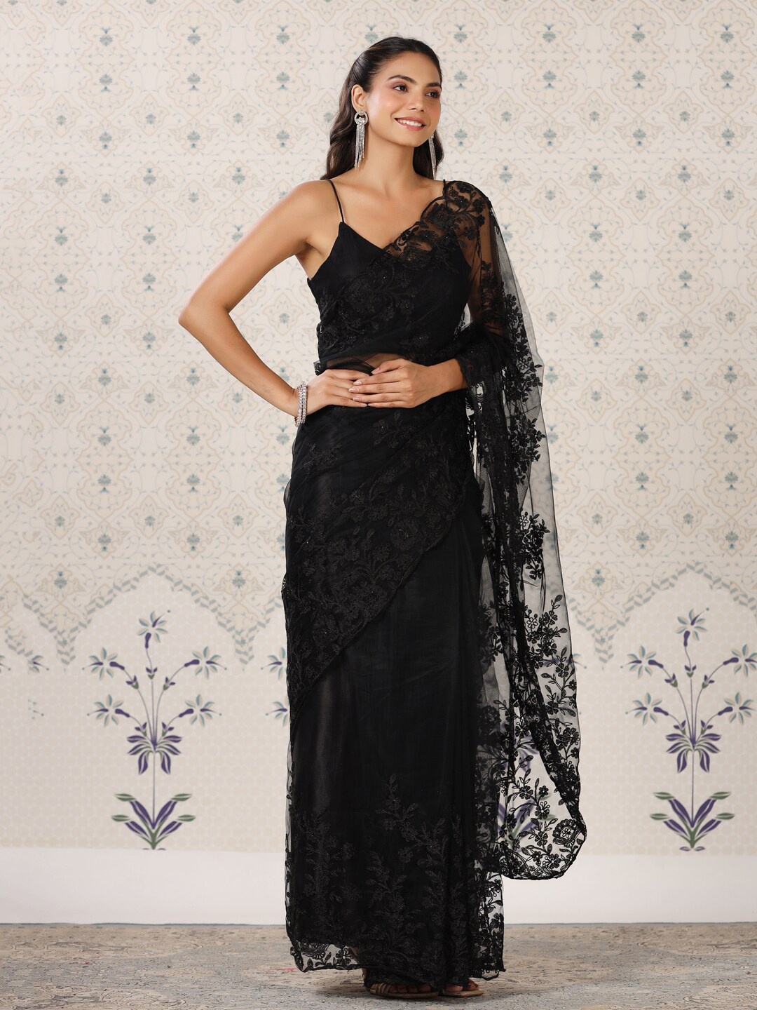 

Ode by House of Pataudi Black Floral Embroidered Net Saree