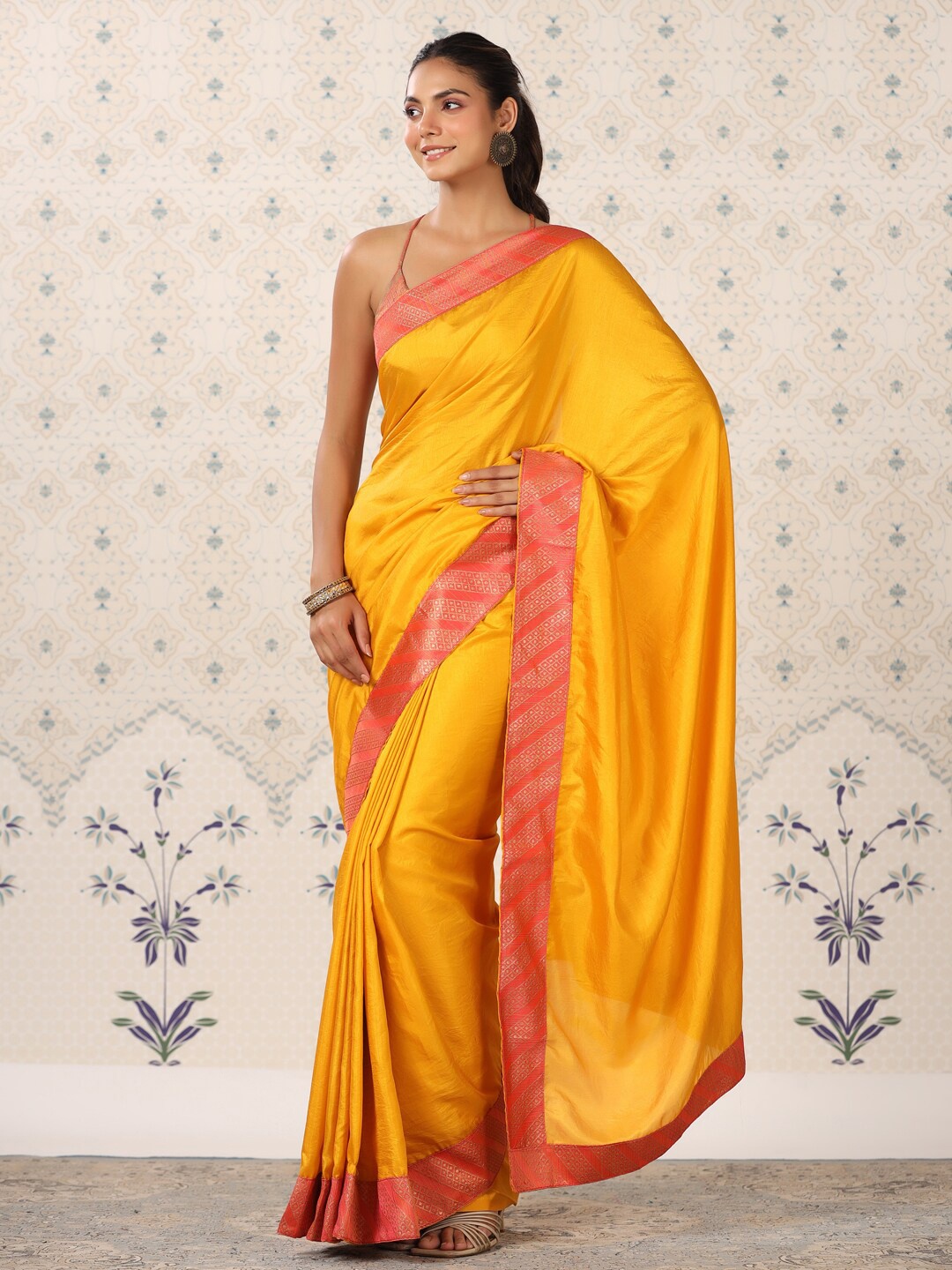 

Ode by House of Pataudi Mustard & Pink Woven Design Border Zari Silk Blend Saree