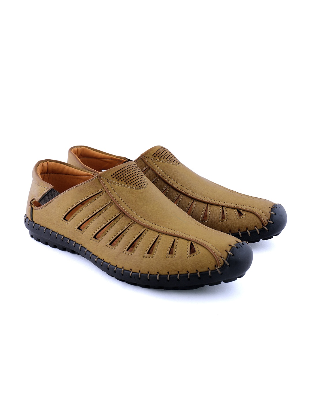 

BRATVA Men Perforations Shoe-Style Sandals With Laser Cuts, Camel brown