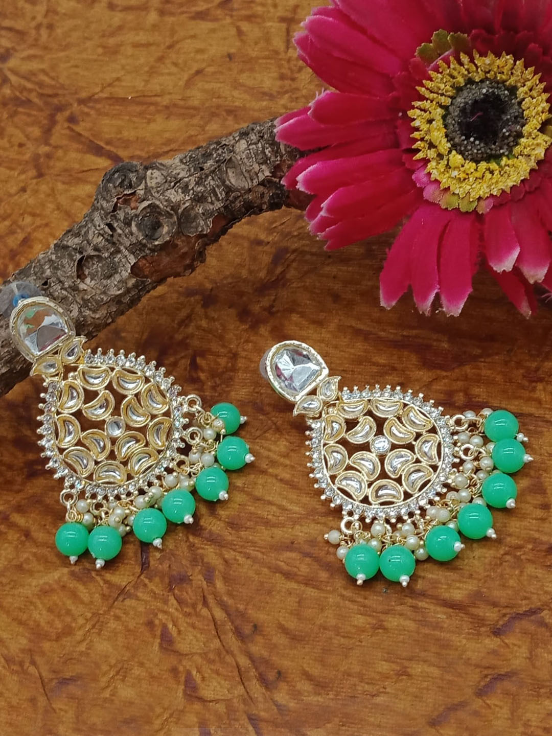 

AASHISH IMITATION Gold Plated Stone And Beads Studded Drop Earrings