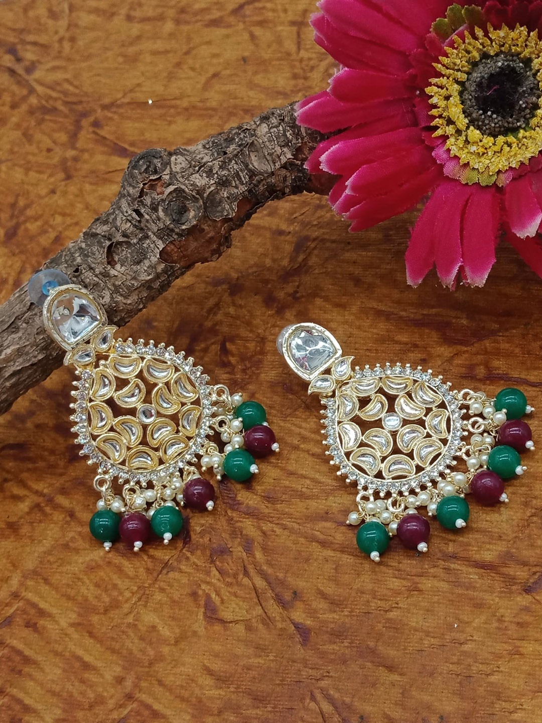 

AASHISH IMITATION Gold Plated Stone And Beads Studded Drop Earrings