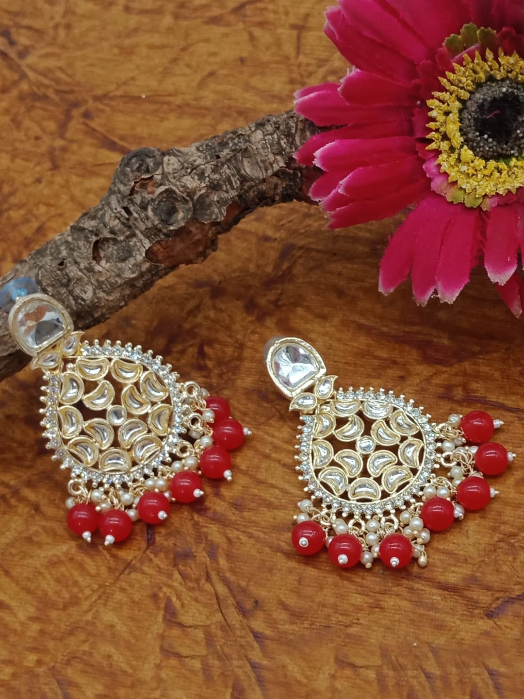

AASHISH IMITATION Gold Plated Stone And Beads Studded Drop Earrings