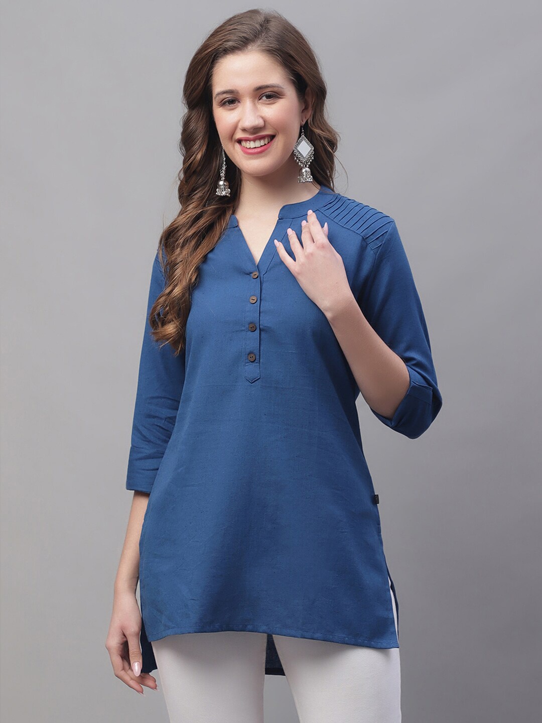 

Pistaa Mandarin Collar Pure Cotton Kurti, Blue