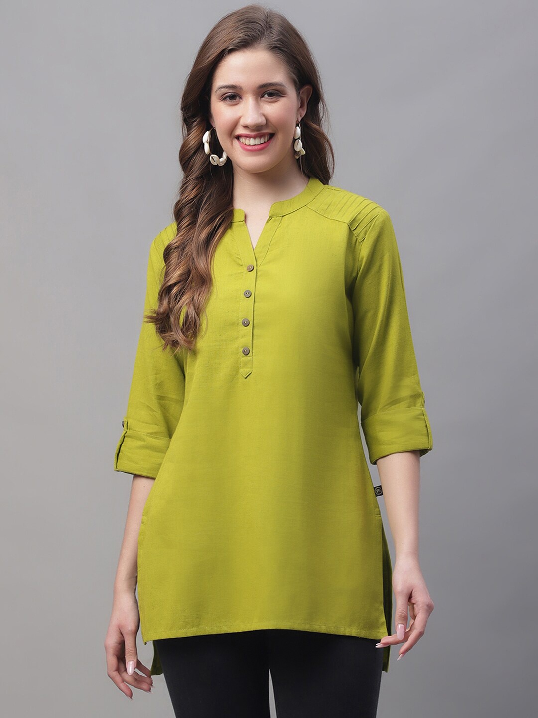 

Pistaa Mandarin Collar Pure Cotton Kurti, Green