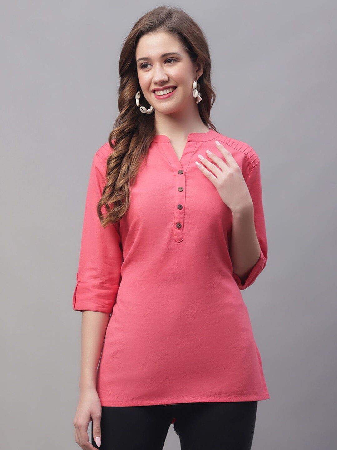 

Pistaa Mandarin Collar Pure Cotton Kurti, Peach