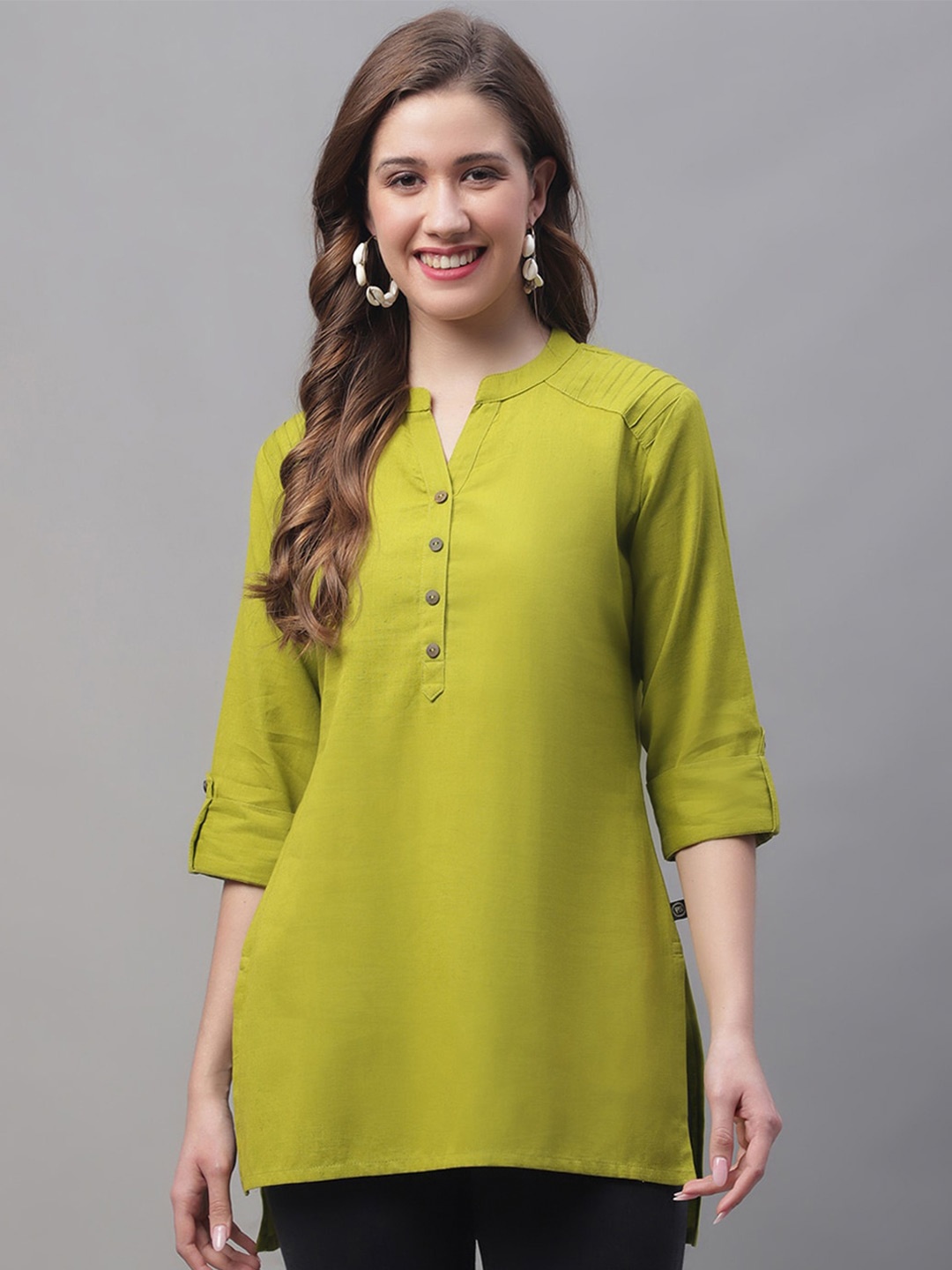 

Pistaa Mandarin Collar Roll-Up Sleeves Pure Cotton Kurti, Green