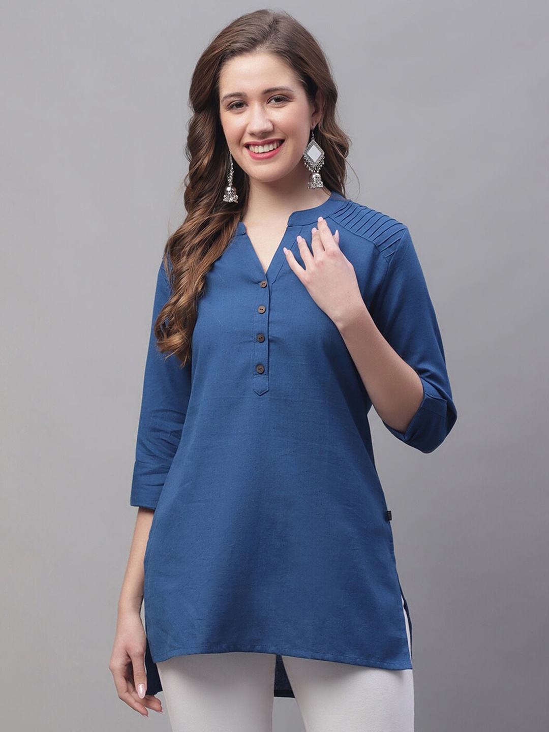 

Pistaa Mandarin Collar Pure Cotton Kurti, Blue