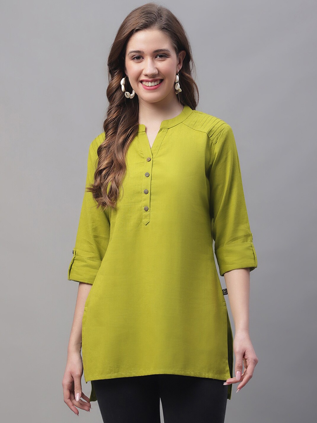 

Pistaa Mandarin Collar Pure Cotton Kurti, Green