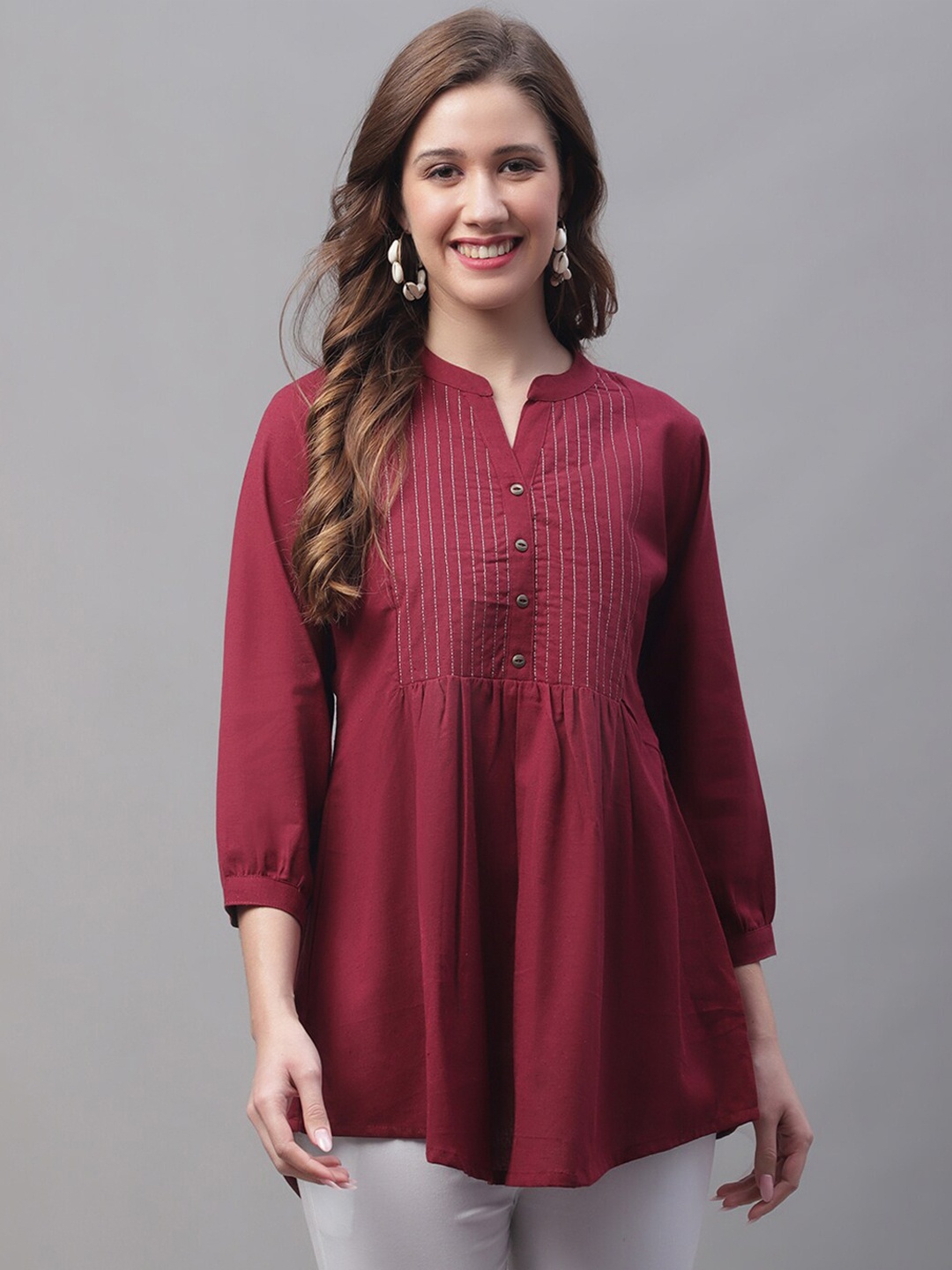 

Pistaa Mandarin Collar Pure Cotton A-Line Kurti, Burgundy