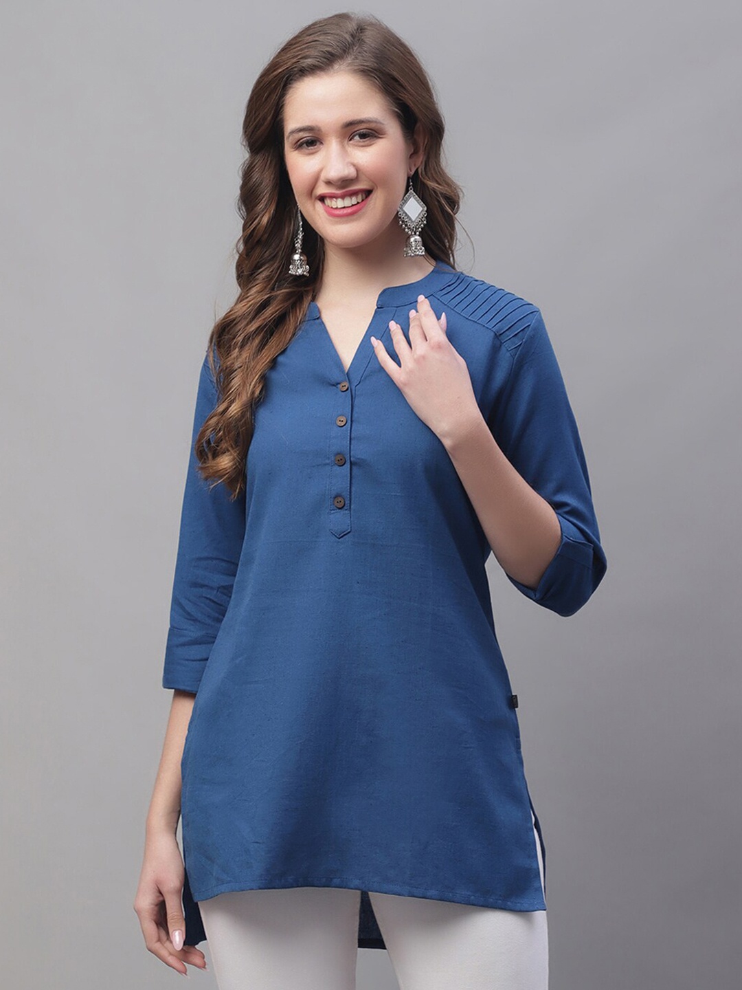 

Pistaa Mandarin Collar Pure Cotton Kurti, Blue