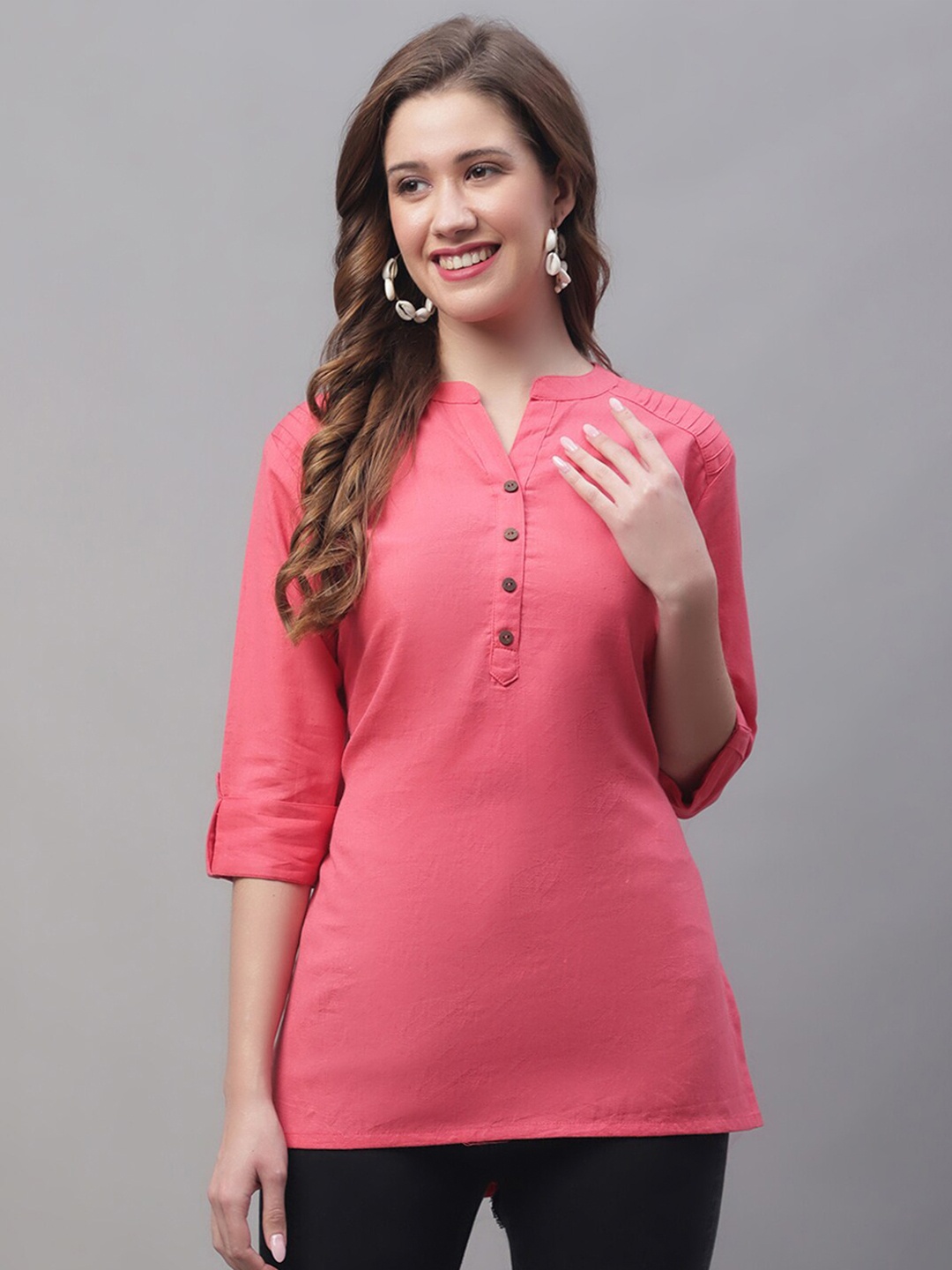 

Pistaa Mandarin Collar Pure Cotton Kurti, Peach