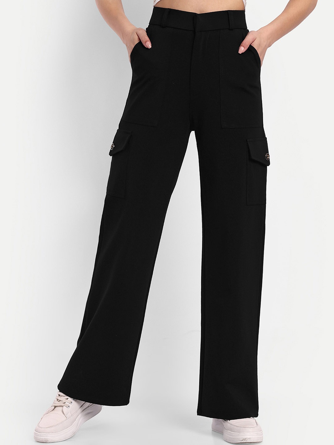 

BROADSTAR Women Smart Straight Fit High-Rise Easy Wash Cargo Trousers, Black