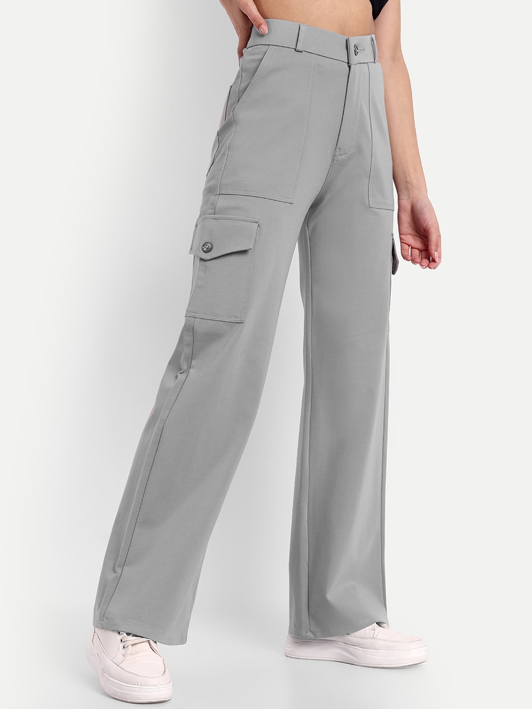 

BROADSTAR Women Smart Straight Fit High-Rise Easy Wash Cargos Trousers, Grey