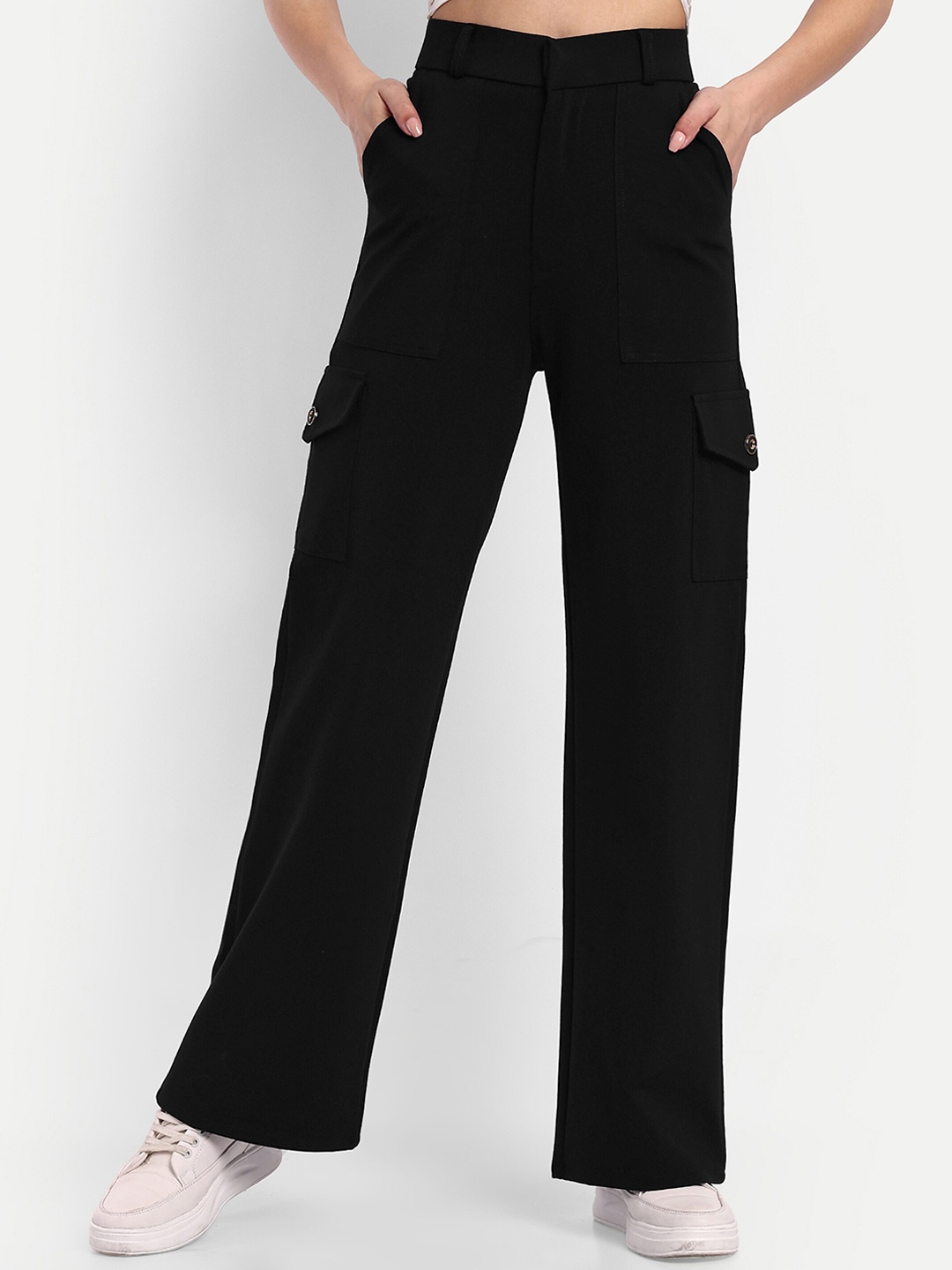 

Next One Women Smart Straight Fit High-Rise Easy Wash Cargo Trousers, Black