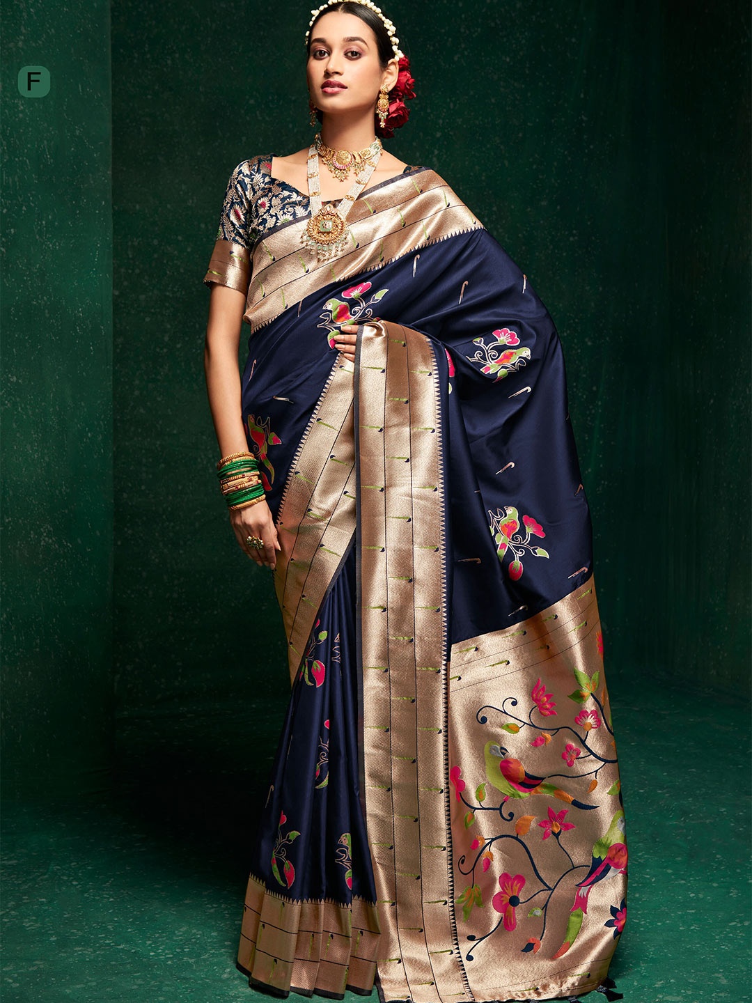 

SHANGRILA Floral Woven Design Zari Pure Silk Paithani Saree, Blue
