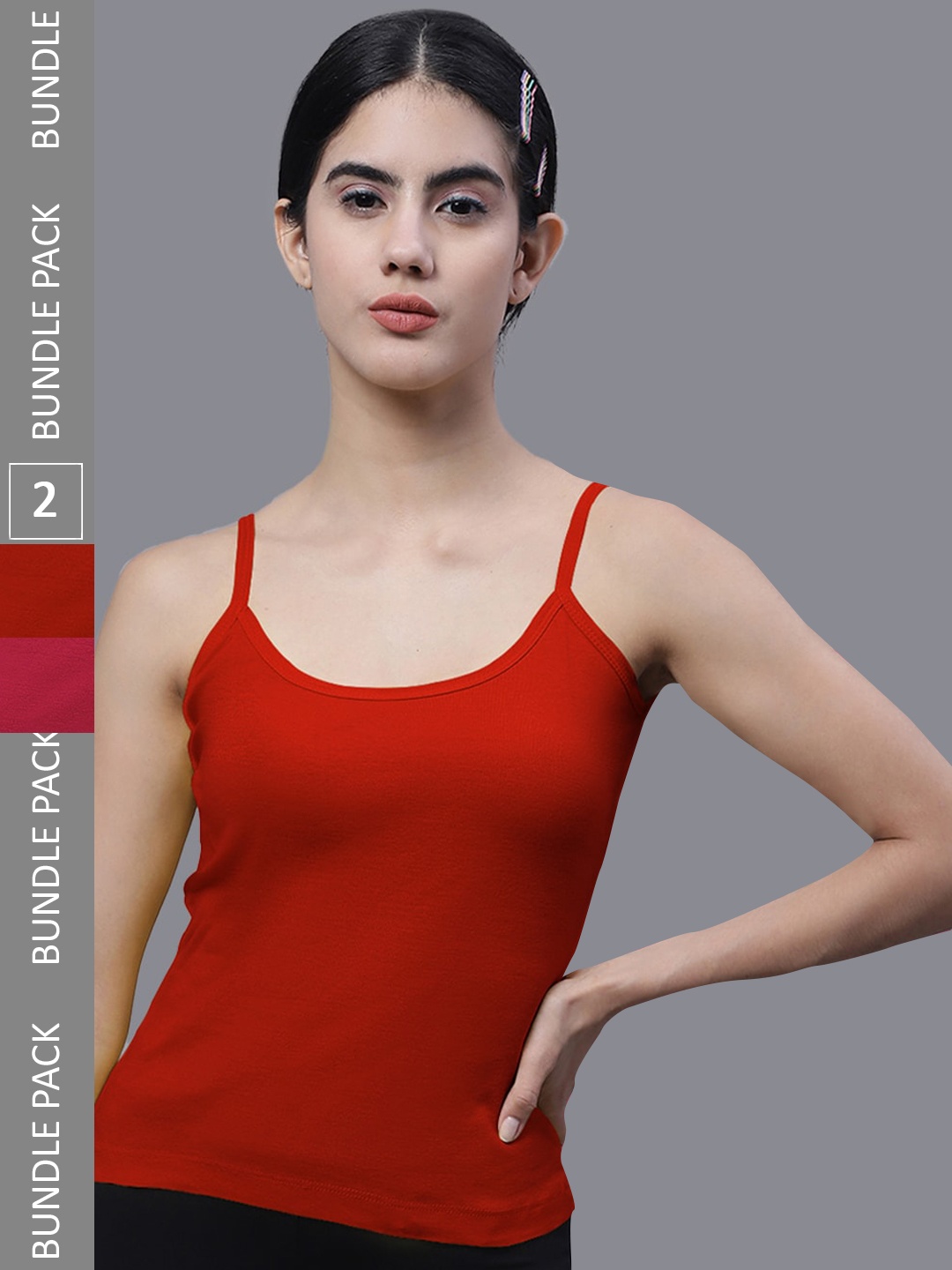 

FBAR Pack Of 2 Sleeveless Non Padded Pure Cotton Bio Wash Camisoles, Red