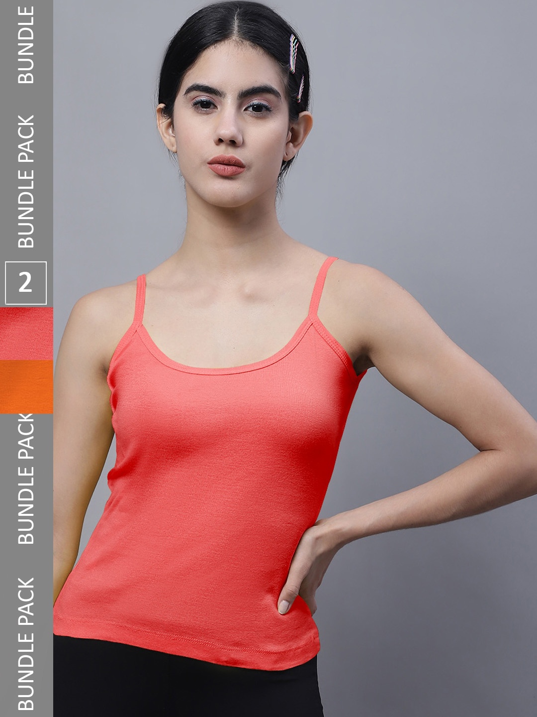 

FBAR Pack Of 2 Sleeveless Non Padded Pure Cotton Bio Wash Camisoles, Orange