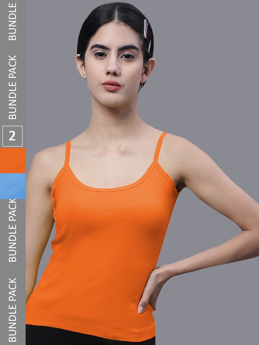 

FBAR Pack Of 2 Shoulder Straps Non Padded Pure Cotton Bio Wash Camisoles, Orange