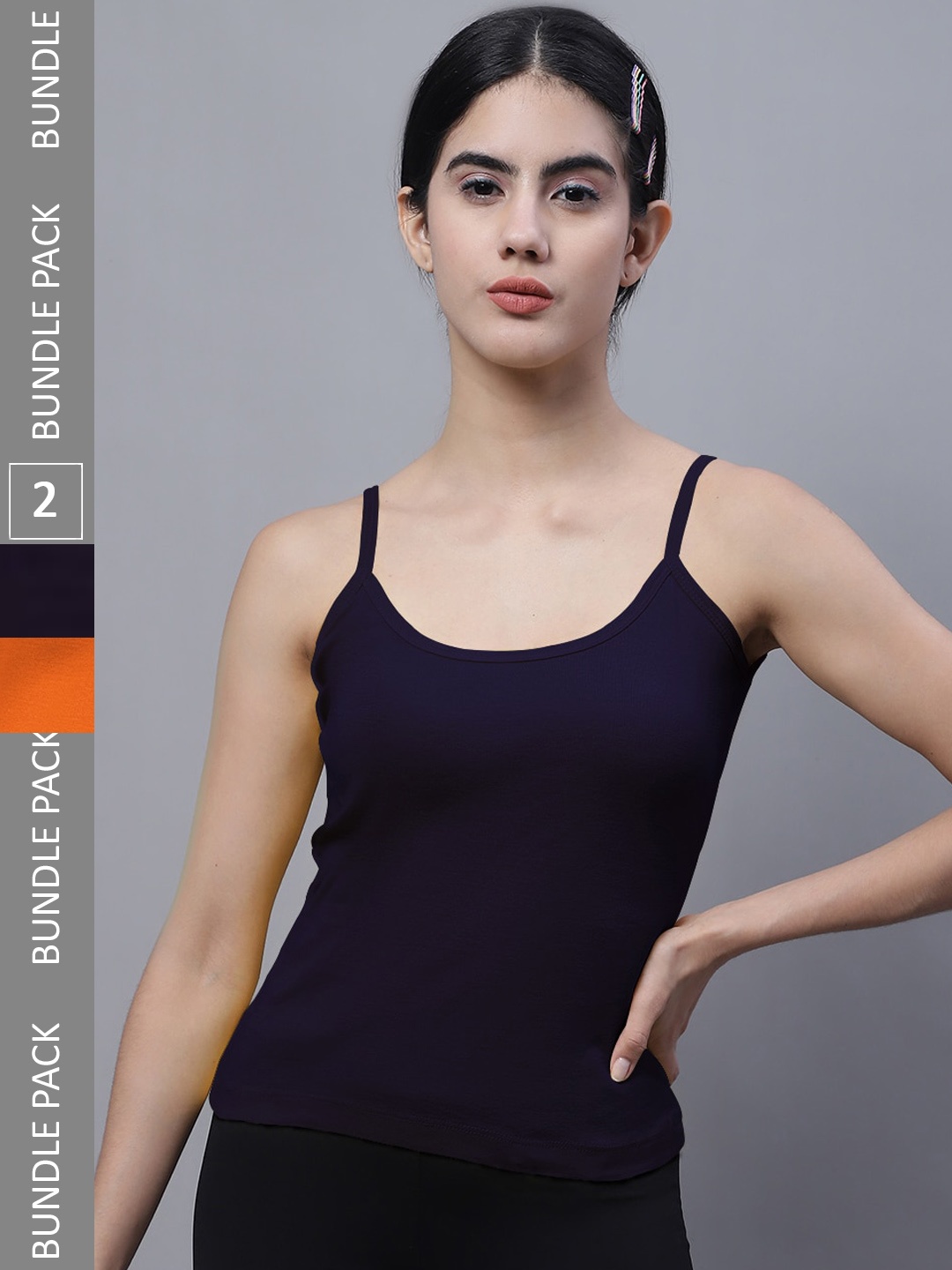 

FBAR Pack Of 2 U-Neck Bio Wash Pure Cotton Camisoles, Navy blue