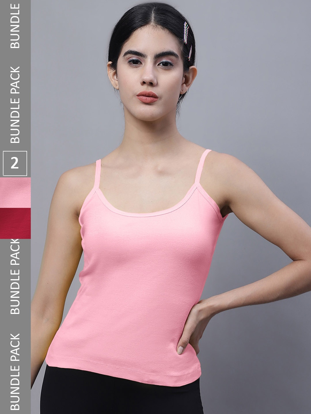 

FBAR Pack Of 2 Pure Cotton Rib U-Neck Bio Wash Camisoles, Pink