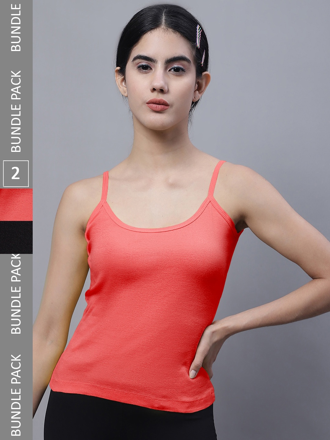 

FBAR Pack Of 2 Shoulder Straps Non Padded Pure Cotton Bio Wash Camisoles, Coral