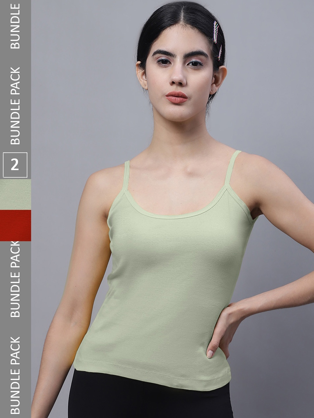 

FBAR Pack Of 2 Shoulder Straps Non Padded Pure Cotton Bio Wash Camisoles, Olive
