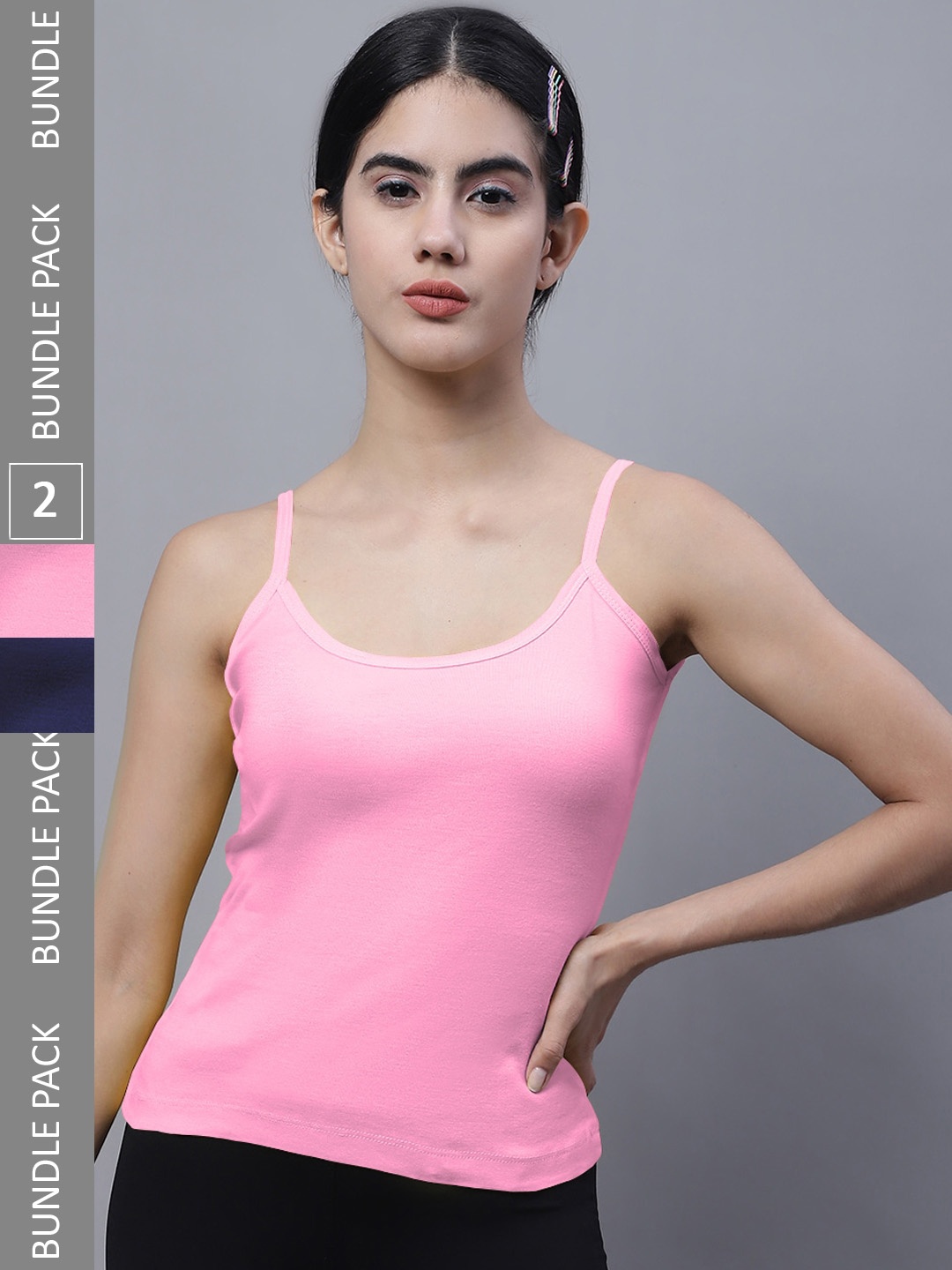 

FBAR Pack Of 2 Shoulder Straps Non Padded Pure Cotton Bio Wash Camisoles, Pink