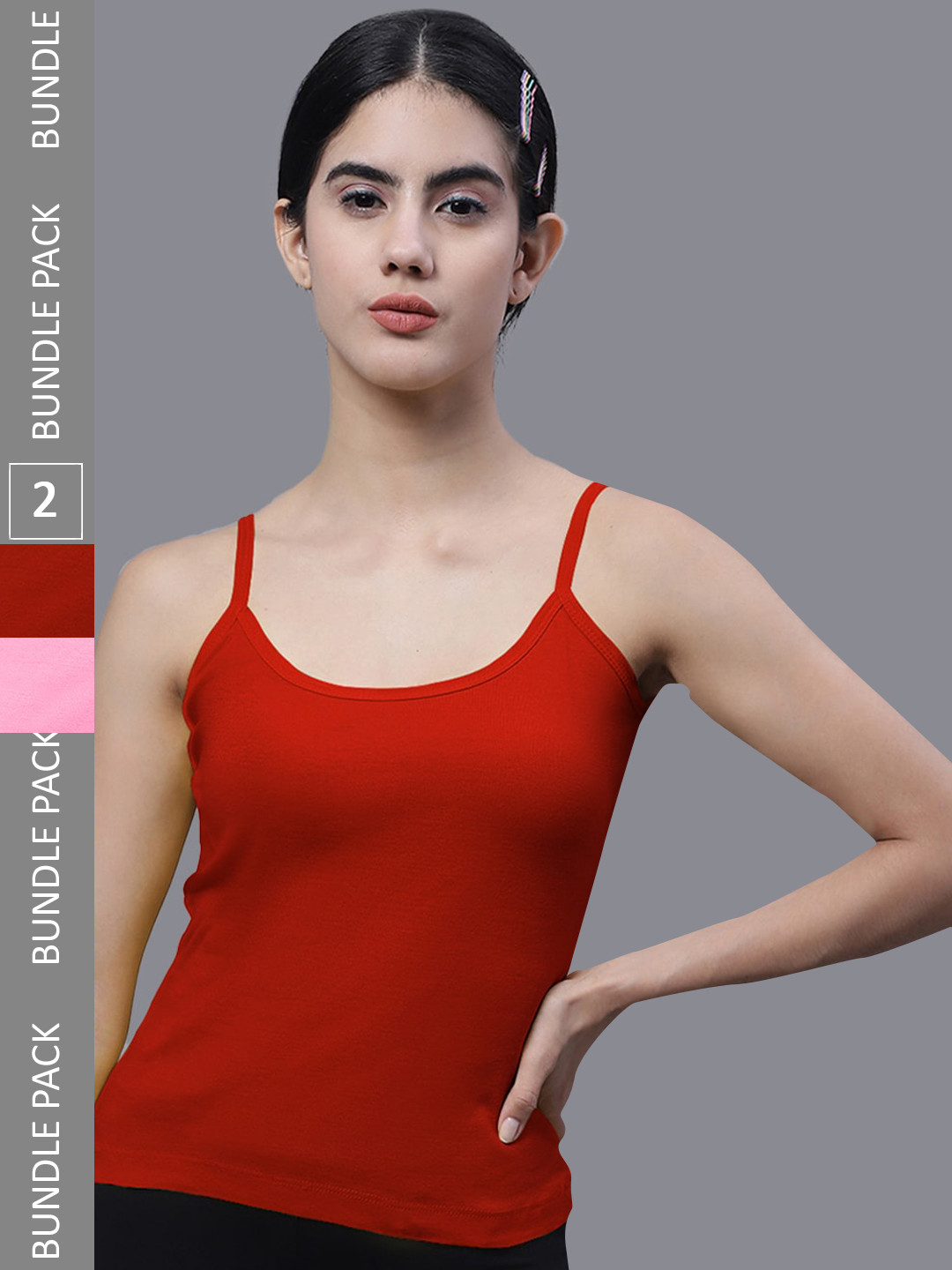 

FBAR Pack Of 2 Shoulder Straps Non Padded Pure Cotton Bio Wash Camisoles, Red