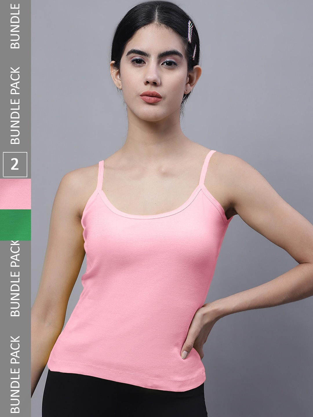 FBAR Pack Of 2 U-Neck Pure Cotton Bio Wash Camisoles, Green
