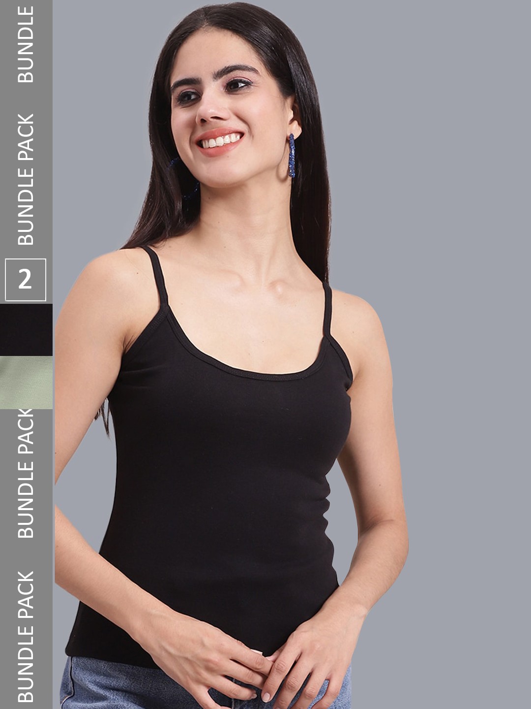 

FBAR Pack Of 2 Shoulder Straps Non Padded Pure Cotton Bio Wash Camisoles, Black