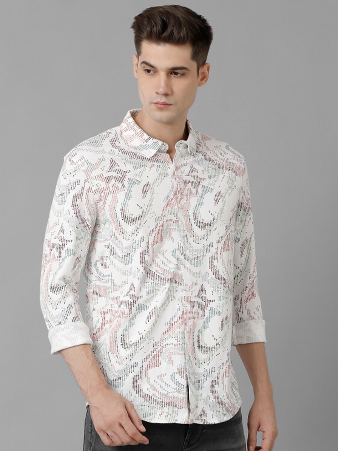 

Voi Jeans Abstract Printed Classic Slim Fit Cotton Casual Shirt, White