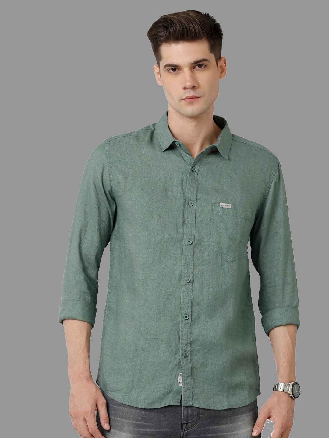 

Voi Jeans Classic Spread Collar Pure Linen Slim Fit Casual Shirt, Green