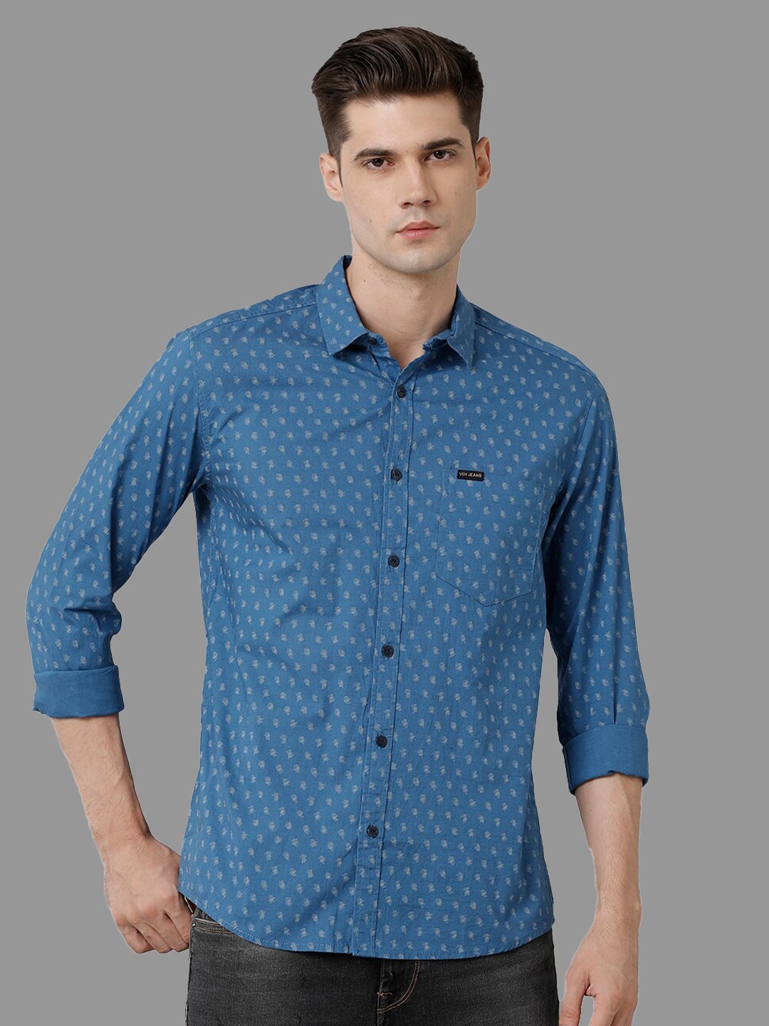 

Voi Jeans Classic Micro Ditsy Printed Pure Cotton Slim Fit Casual Shirt, Blue