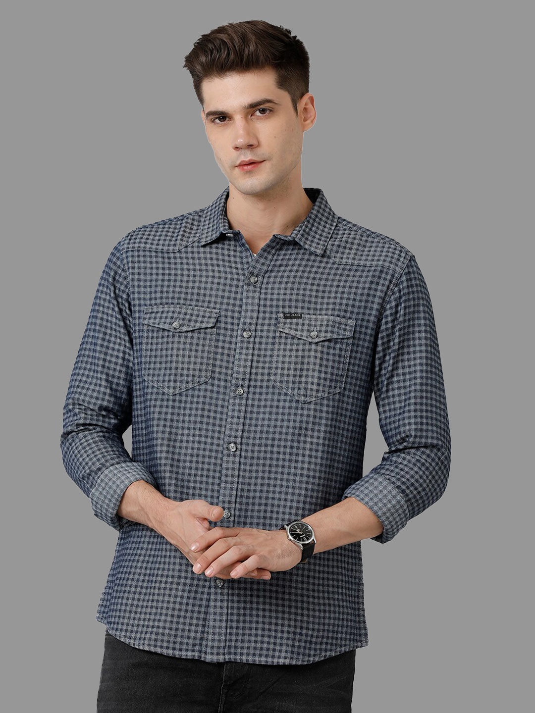 

Voi Jeans Classic Checked Pure Cotton Slim Fit Casual Shirt, Blue