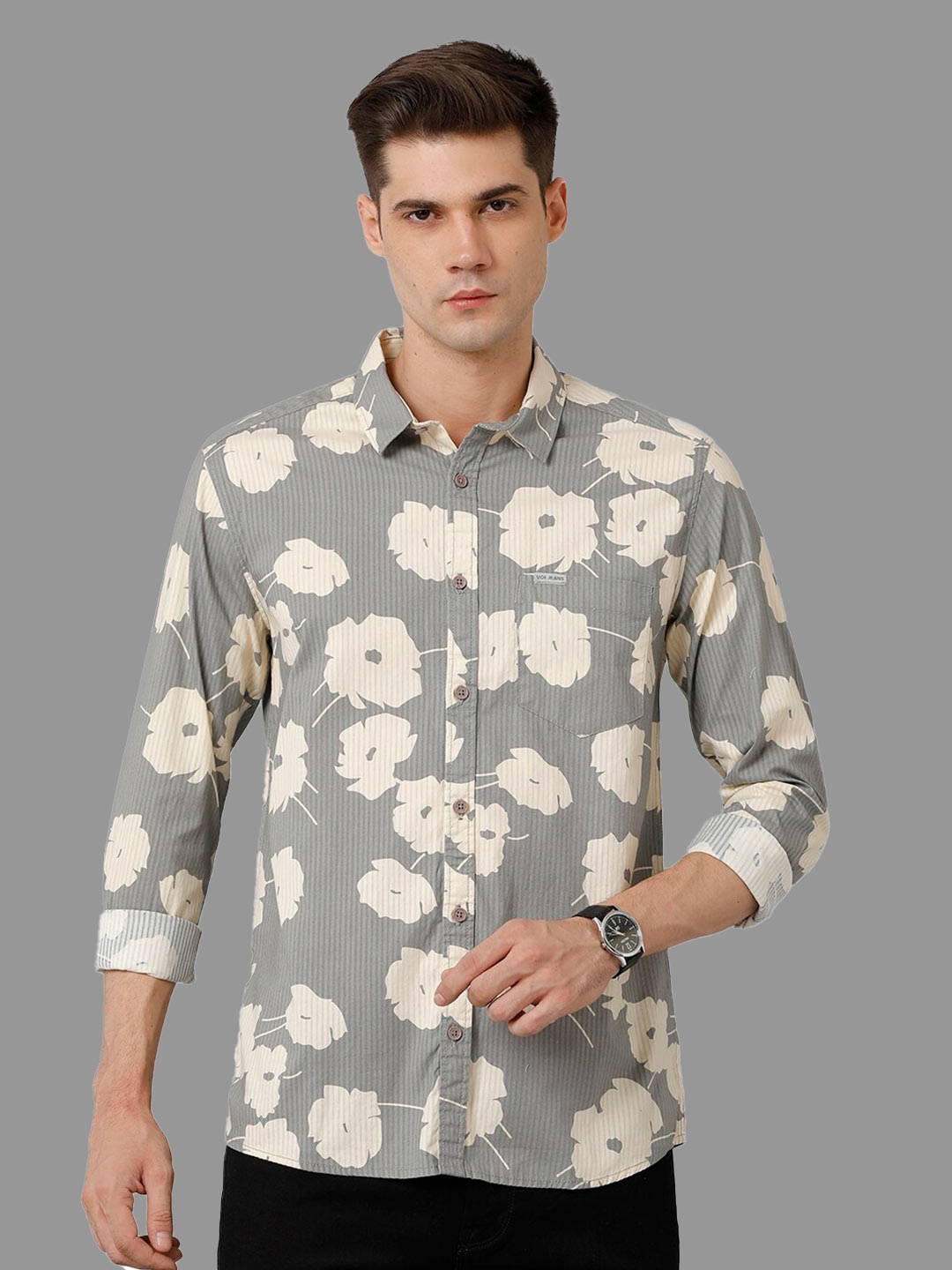 

Voi Jeans Classic Floral Printed Pure Cotton Slim Fit Casual Shirt, Grey