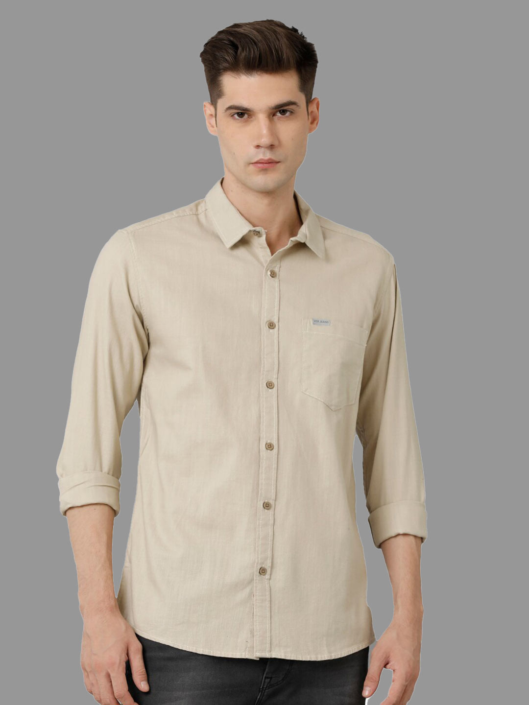 

Voi Jeans Classic Slim Fit Pure Cotton Casual Shirt, Beige