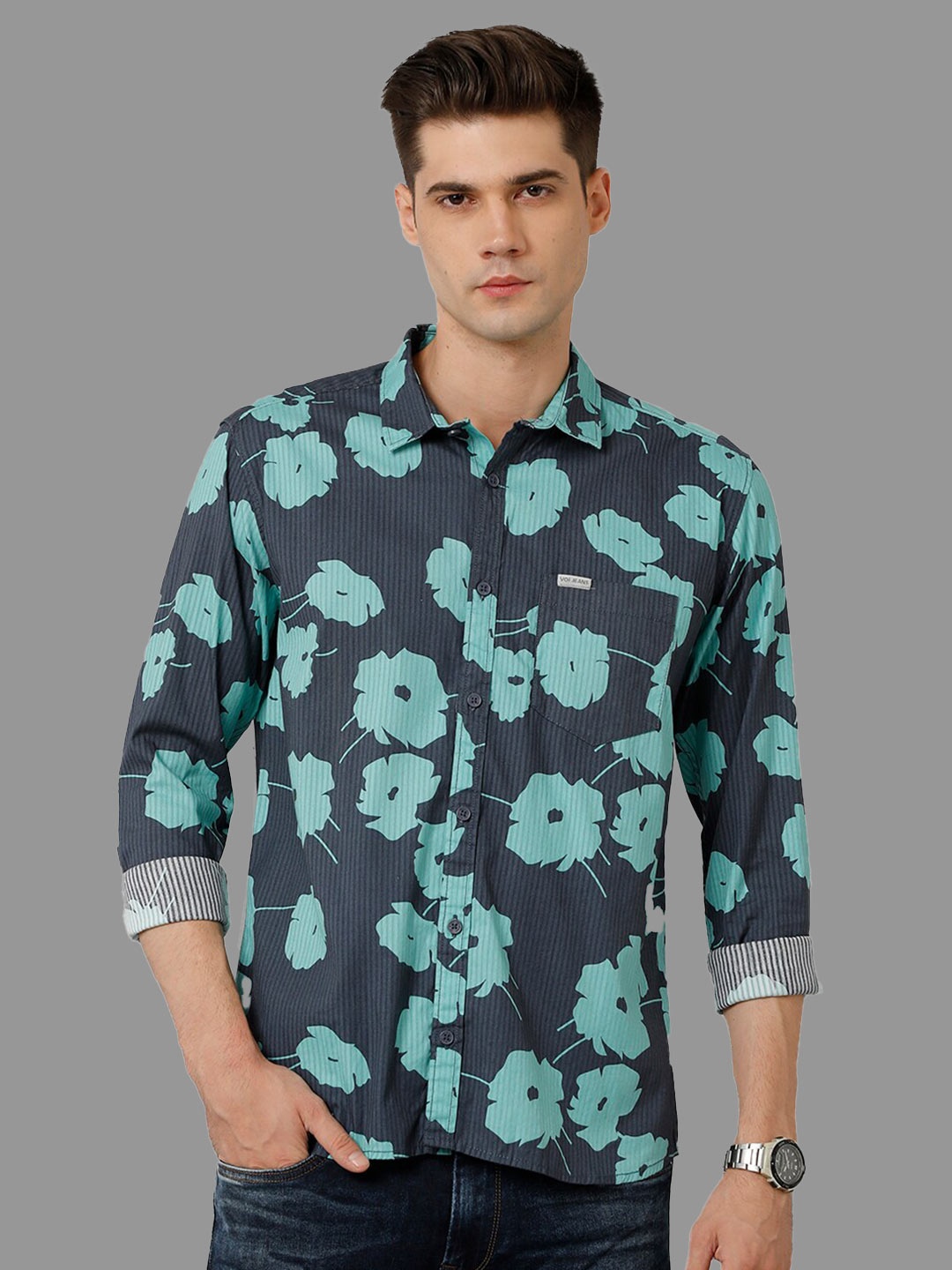 

Voi Jeans Floral Printed Classic Slim Fit Pure Cotton Casual Shirt, Grey