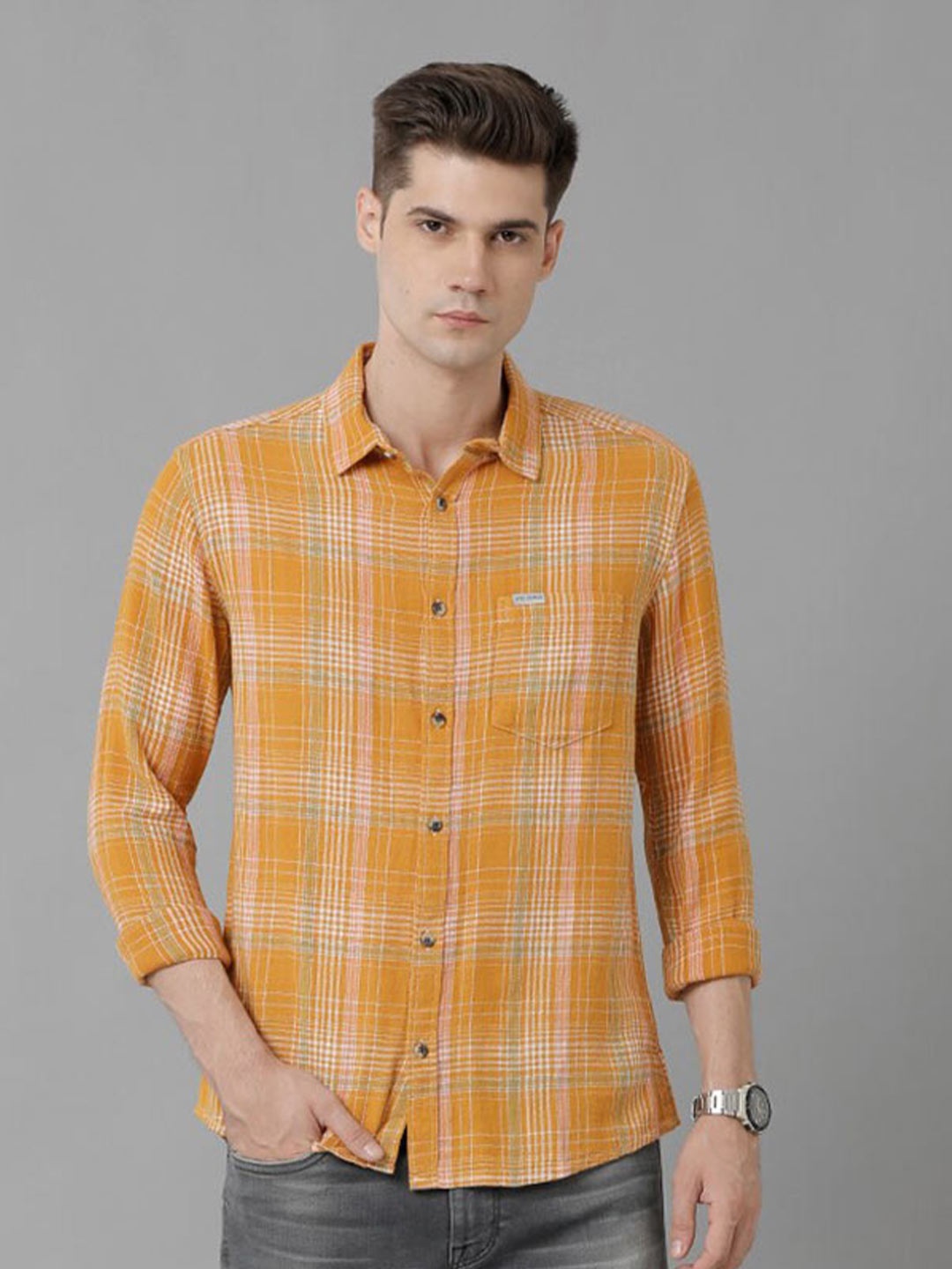 

Voi Jeans Tartan Checked Classic Slim Fit Pure Cotton Casual Shirt, Orange