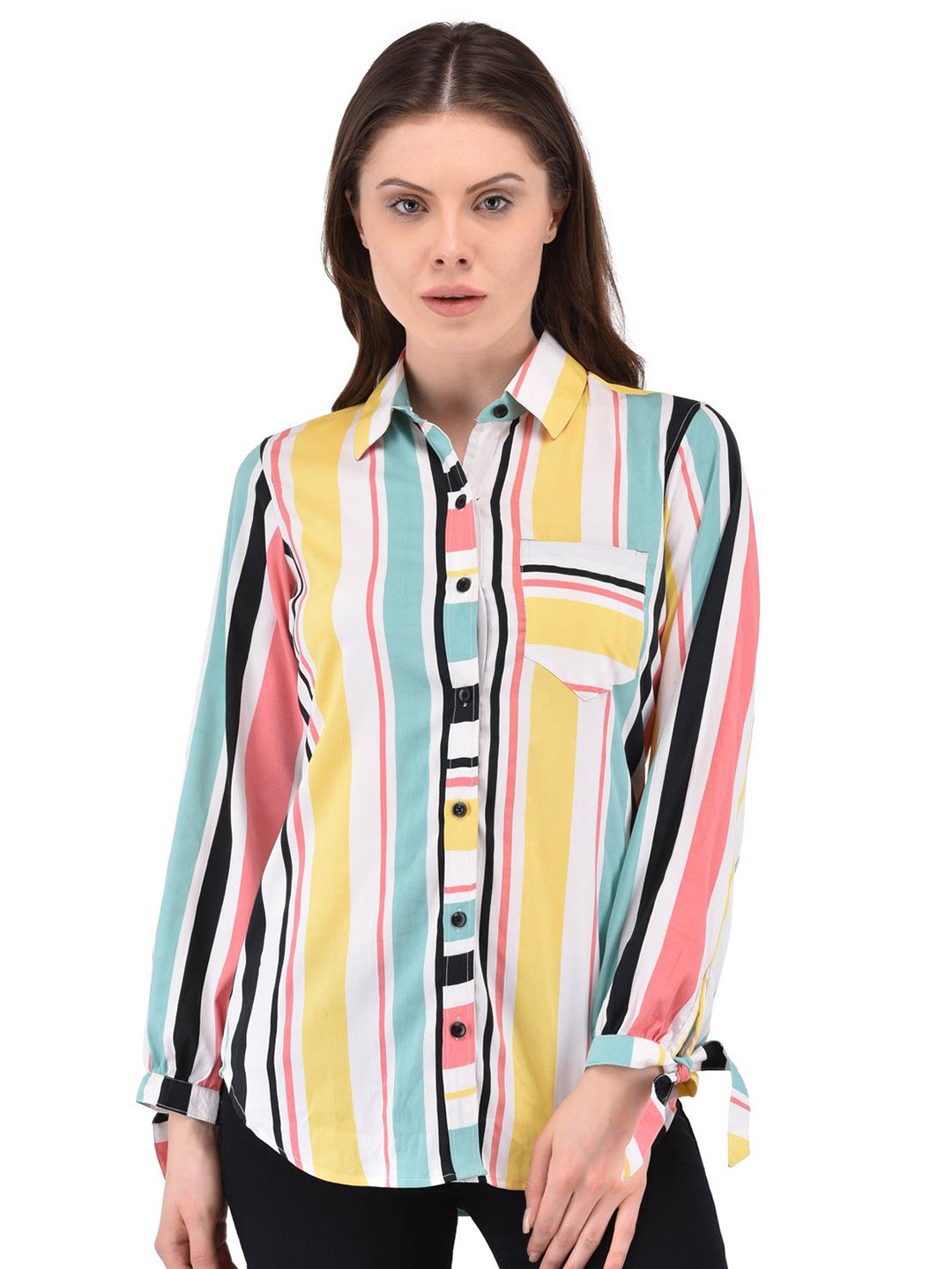 

Berrypeckers Spread Collar Striped Casual Crepe Shirt, White